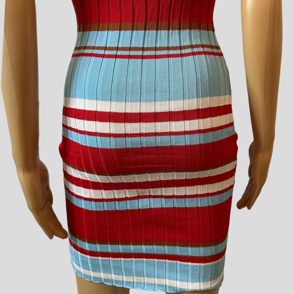 Women Ribbed Woven Bodycon Dress Small S Blue Red White Stretch Wide Stripes - Picture 10 of 15